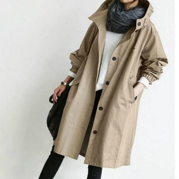 Eleganter Langer Kapuzen-Trenchcoat für Damen in Khaki