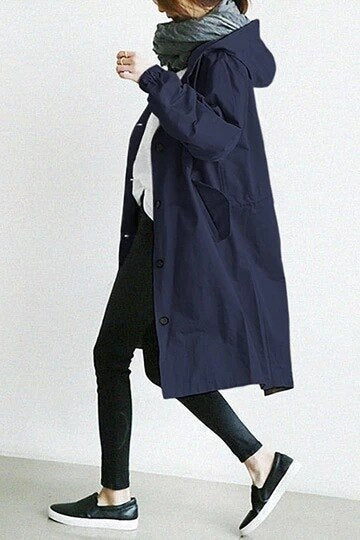 Eleganter Langer Kapuzen-Trenchcoat für Damen in Marineblau