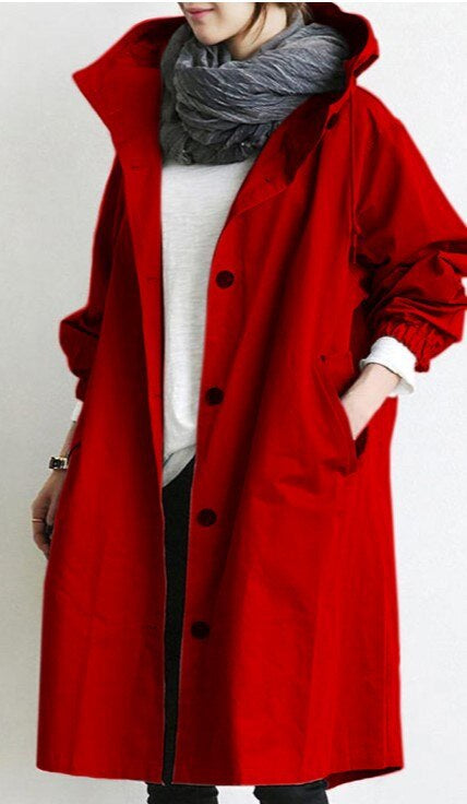 Eleganter Langer Kapuzen-Trenchcoat für Damen in Rot