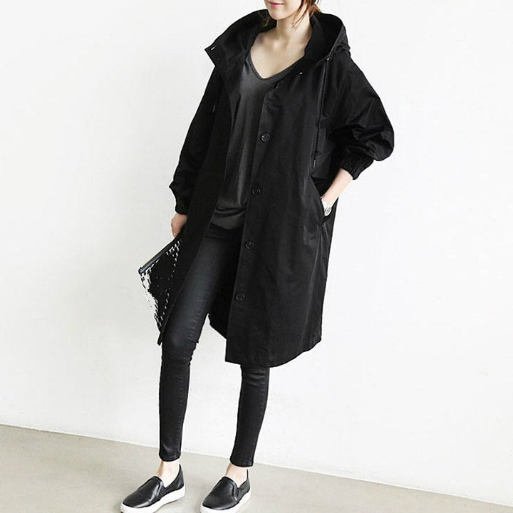 Eleganter Langer Kapuzen-Trenchcoat für Damen in Schwarz