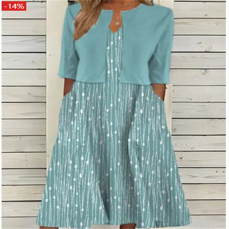 Elegantes Blumen Midi-Kleid in Grünblau