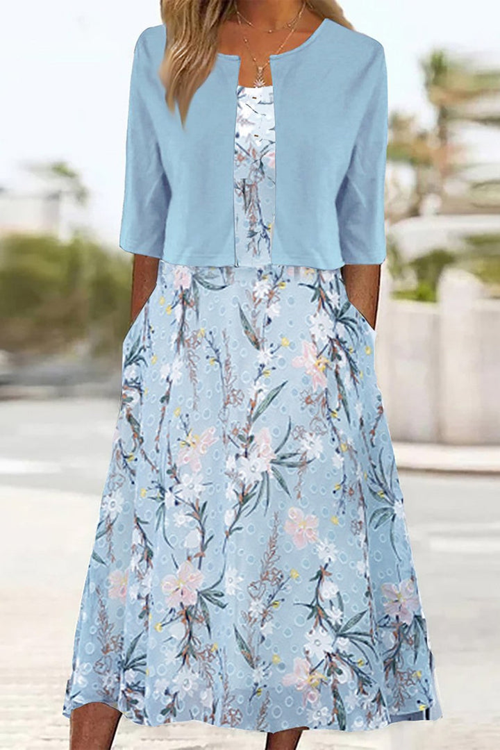 Elegantes Blumen Midi-Kleid in Hellblau