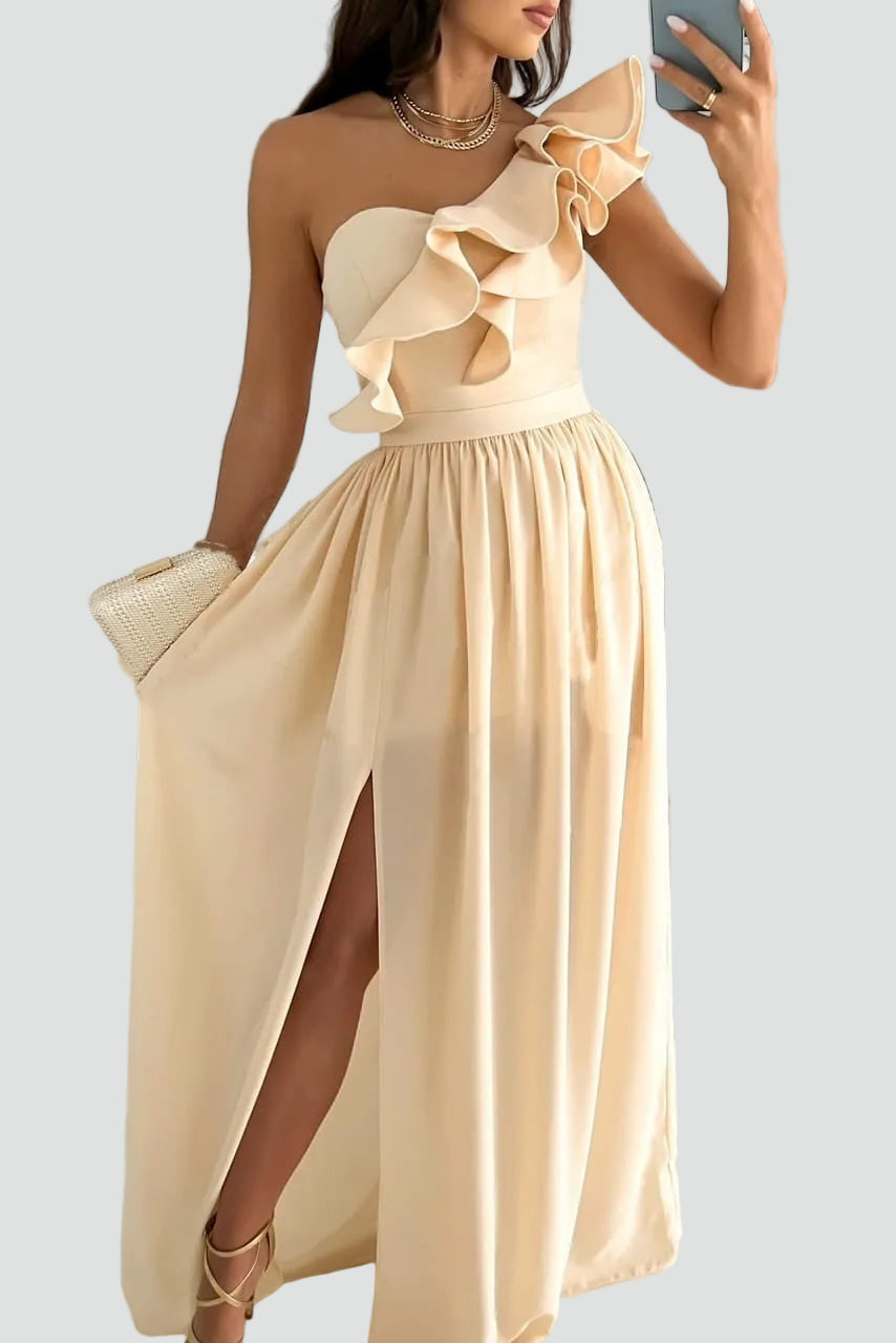 Elegantes Damen Cocktailkleid Maxi mit Volant in Beige
