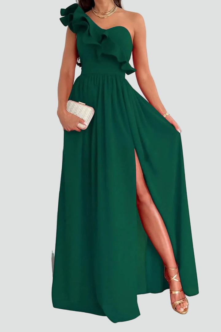 Elegantes Damen Cocktailkleid Maxi mit Volant in Grün