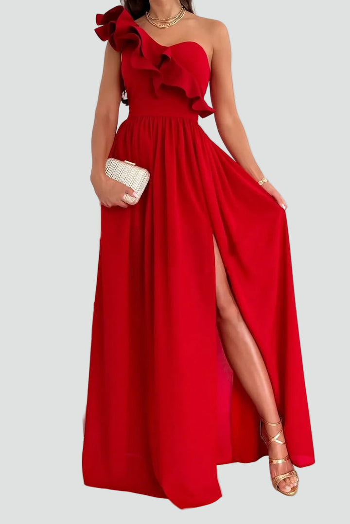 Elegantes Damen Cocktailkleid Maxi mit Volant in Rot