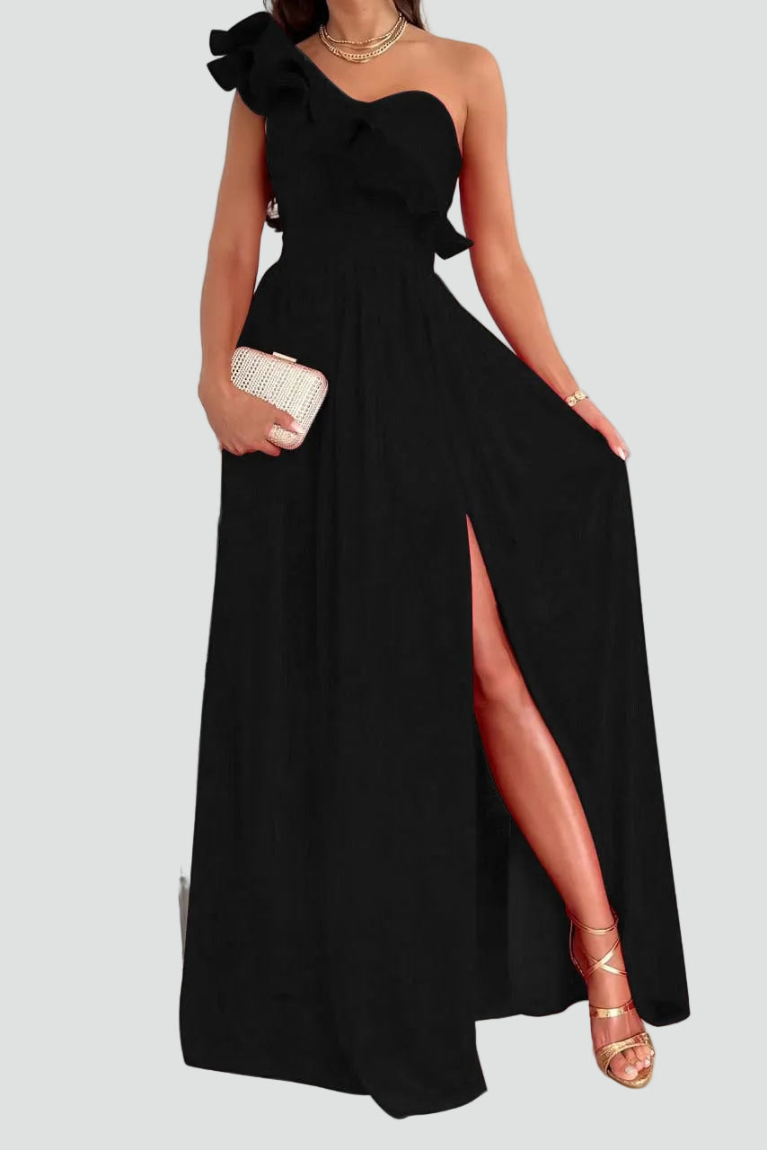 Elegantes Damen Cocktailkleid Maxi mit Volant in Schwarz