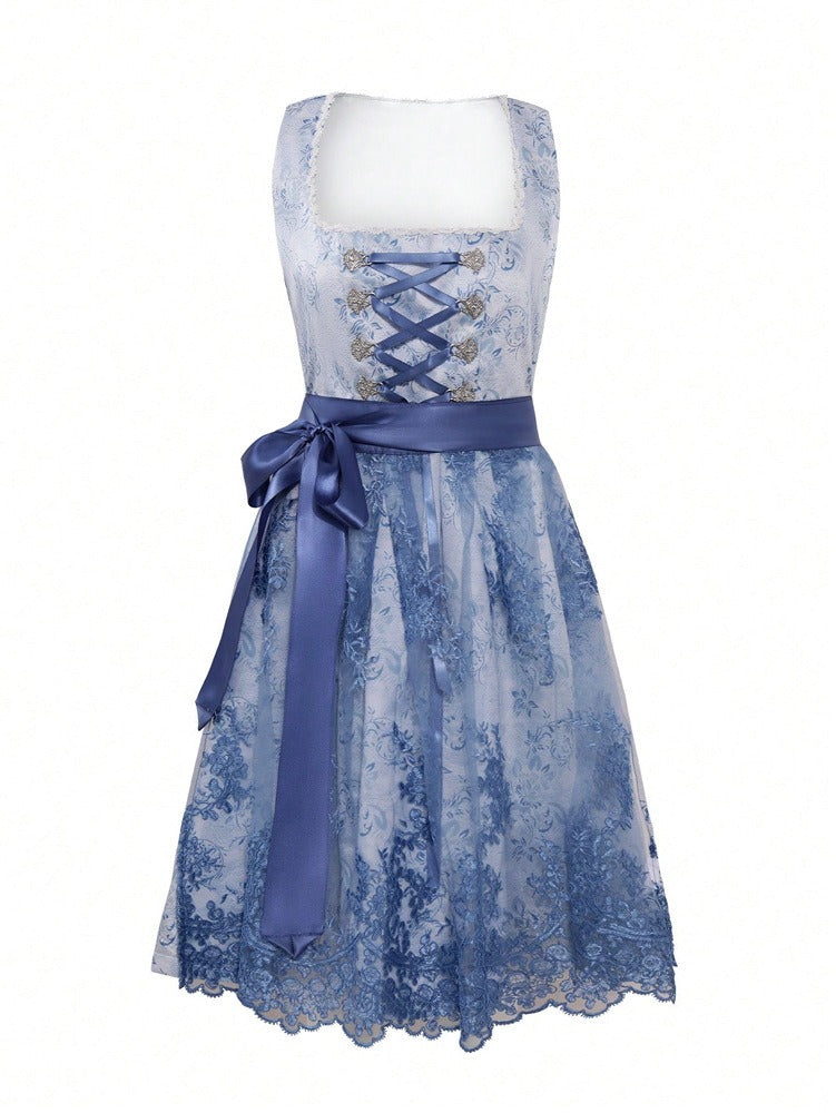 Elegantes Damen Dirndl Kleid für Oktoberfest in Weiß/Blau
