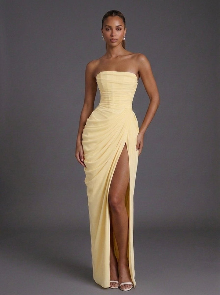 Elegantes Damen Maxikleid für Hochzeitsgäste in Gelb