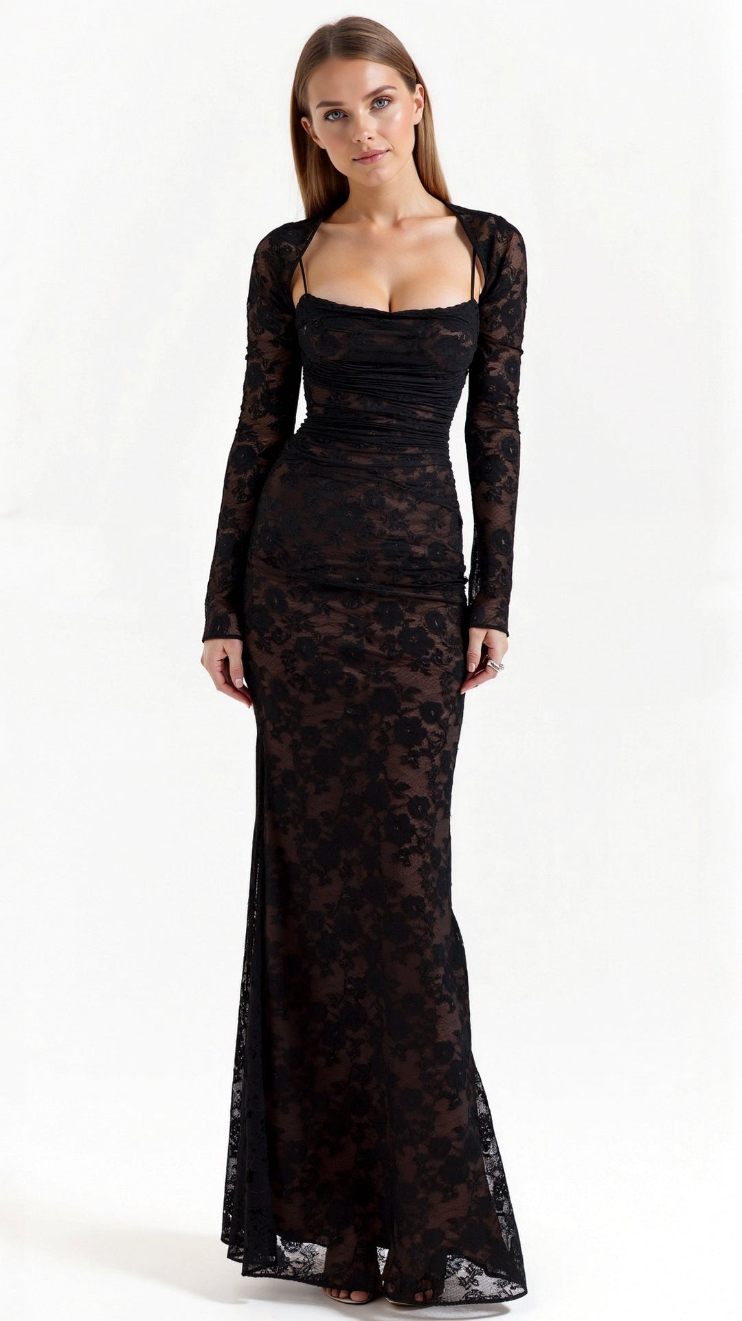 Elegantes Damen Maxikleid für Hochzeitsgäste mit feiner Spitze in Schwarz