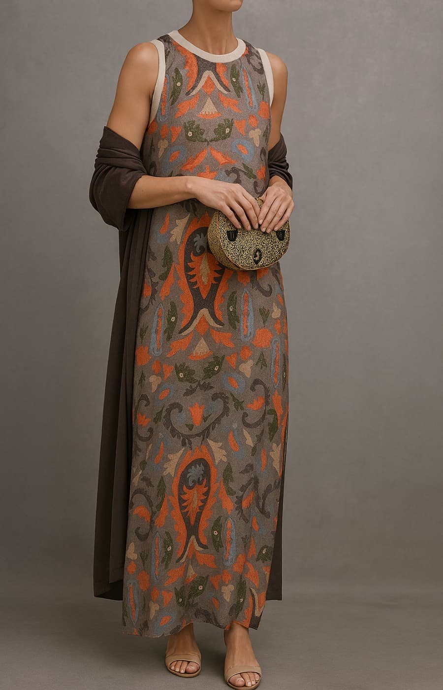 Elegantes Damen Maxikleid mit Blumenstickerei in Grau