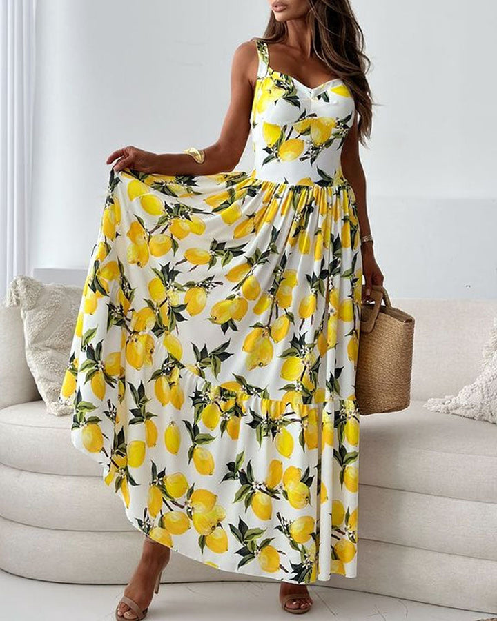 Elegantes Damen Maxikleid mit Obstmuster in Gelb