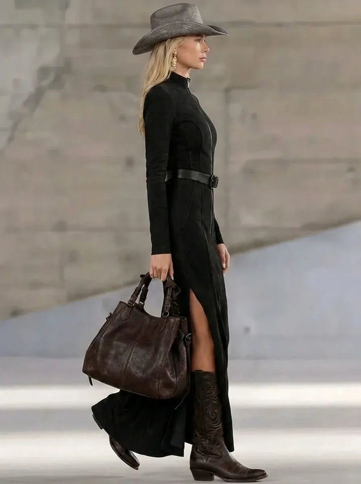 Elegantes Damen Maxikleid mit Stehkragen für Herbst (2)