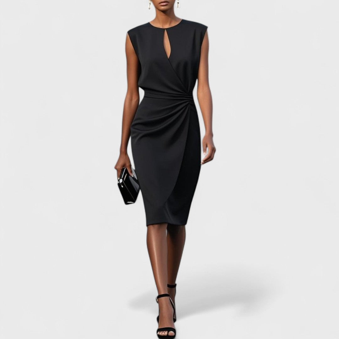 Elegantes Damen Midi-Kleid mit Wickelschnitt für Hochzeitsgäste in Schwarz