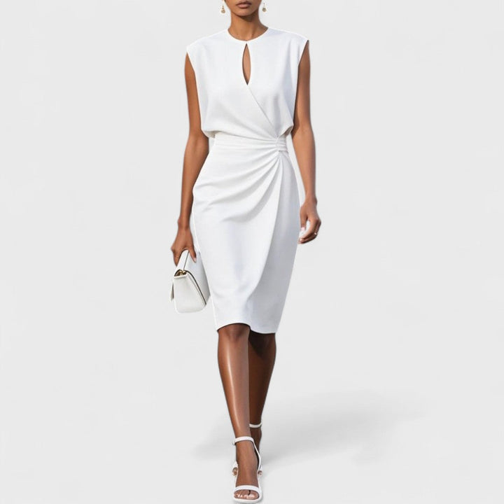 Elegantes Damen Midi-Kleid mit Wickelschnitt für Hochzeitsgäste in Weiß