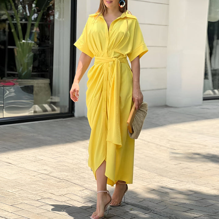 Elegantes Damen Midikleid mit Taillenband in Gelb