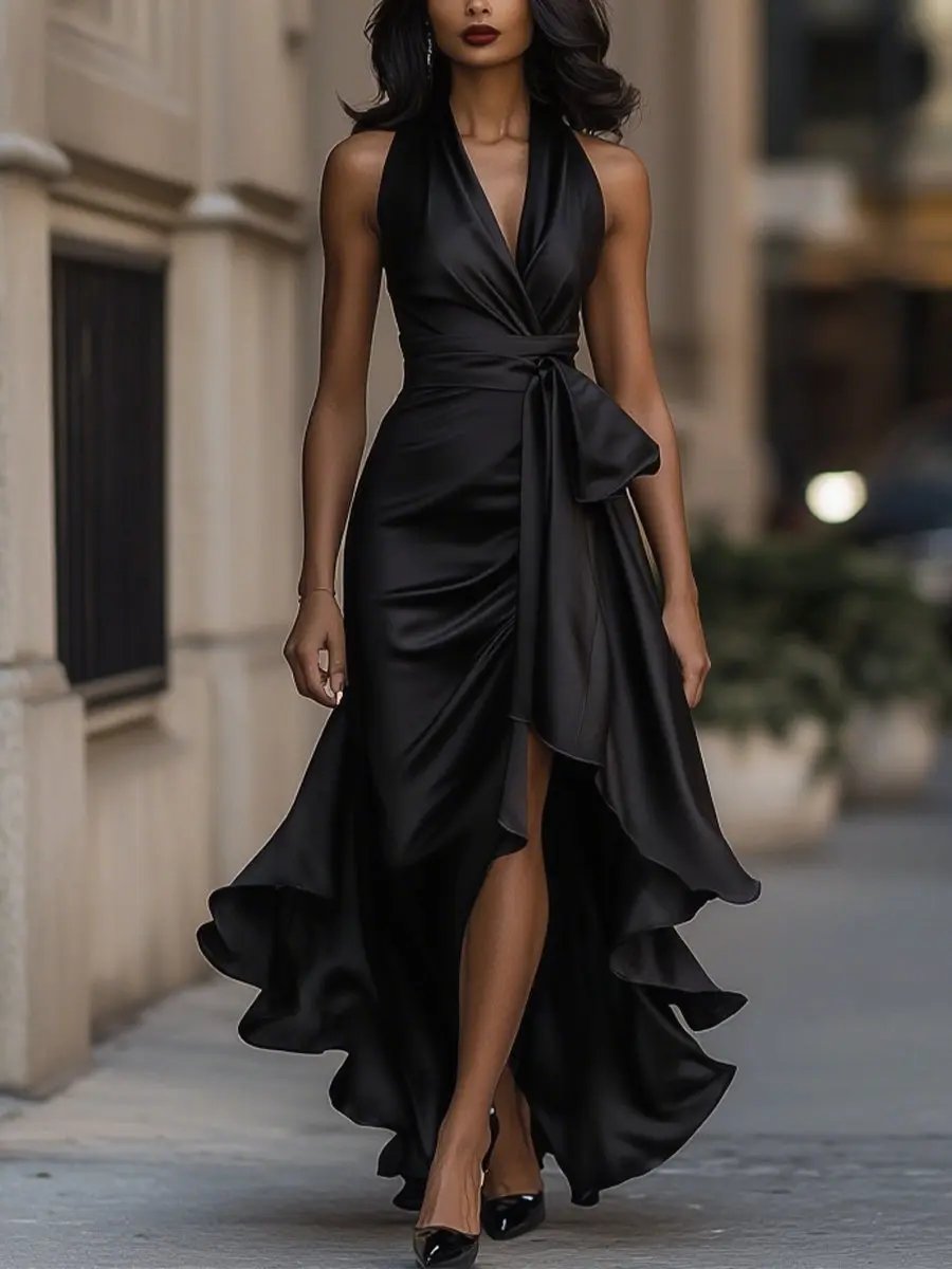 Elegantes Damen Wickel-Abendkleid für Hochzeitsgäste in Schwarz
