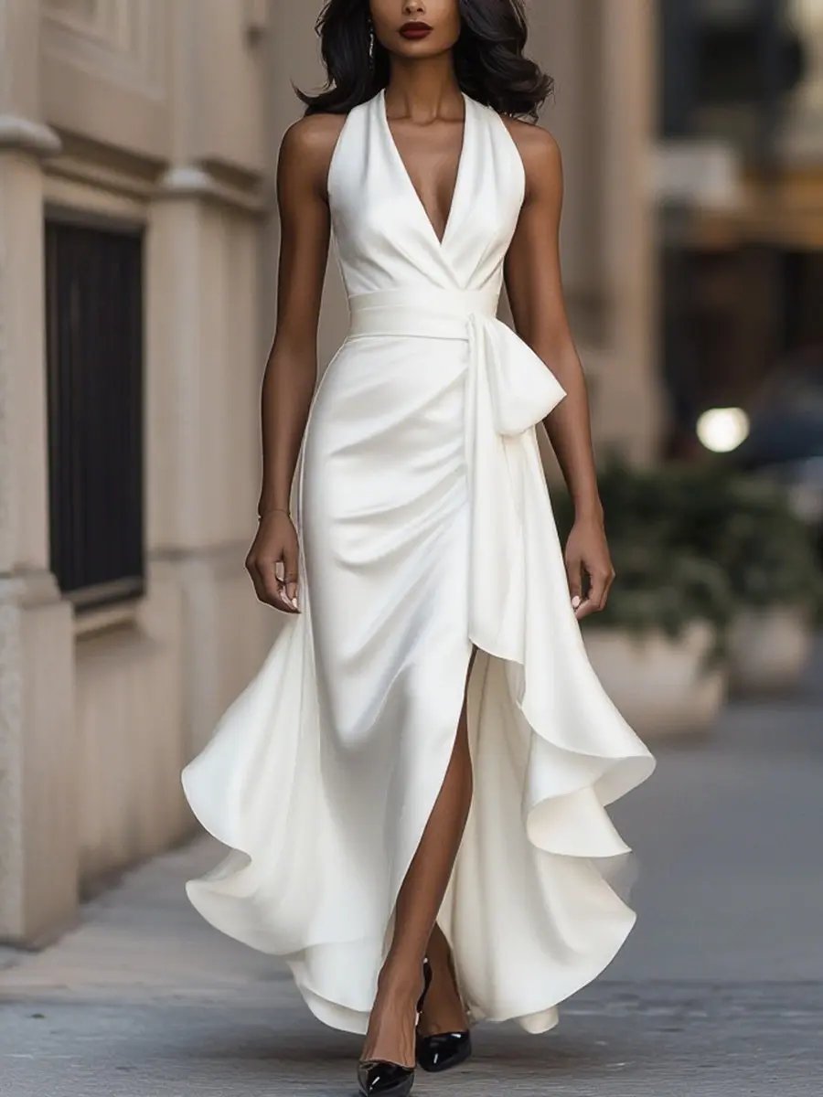 Elegantes Damen Wickel-Abendkleid für Hochzeitsgäste in Weiß