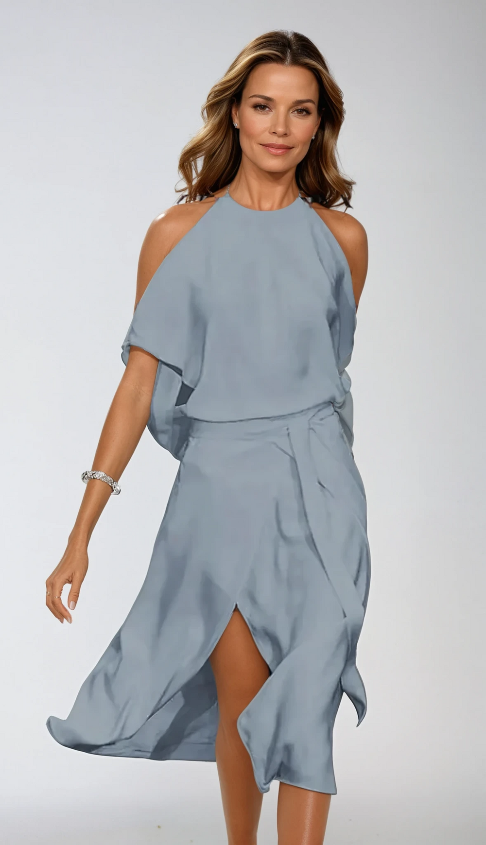 Elegantes Herbst-Hochzeitsgast-Midikleid in Grau