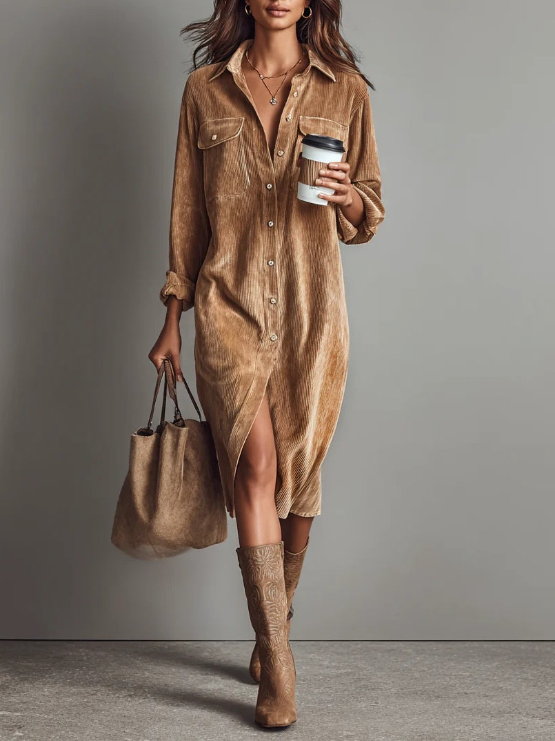 Elegantes Herbst Kleid im Midi-Stil für Hochzeitsgäste in Khaki