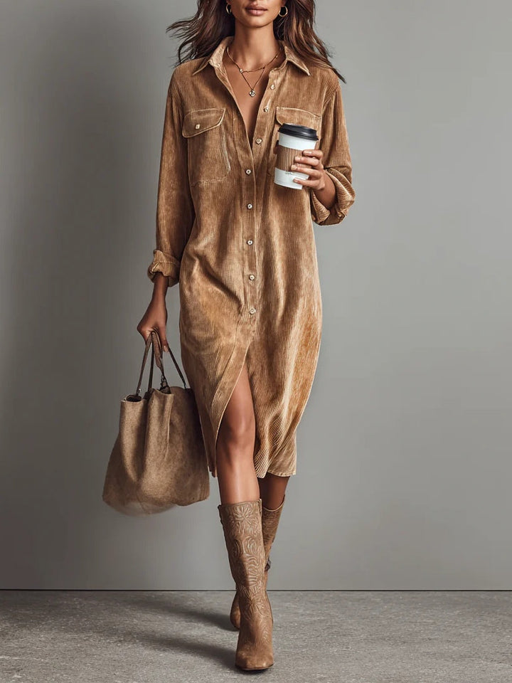 Elegantes Herbst Kleid im Midi-Stil für Hochzeitsgäste in Khaki