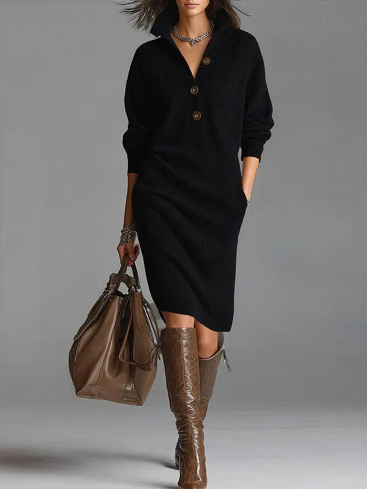 Elegantes Herbst Kleid in Midilänge aus Strick in Schwarz