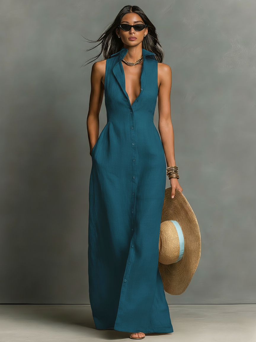 Elegantes Herbst-Maxikleid in Türkisblau