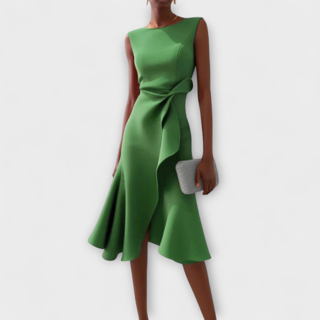 Elegantes Hochzeitsgastkleid für den Herbst in Grün