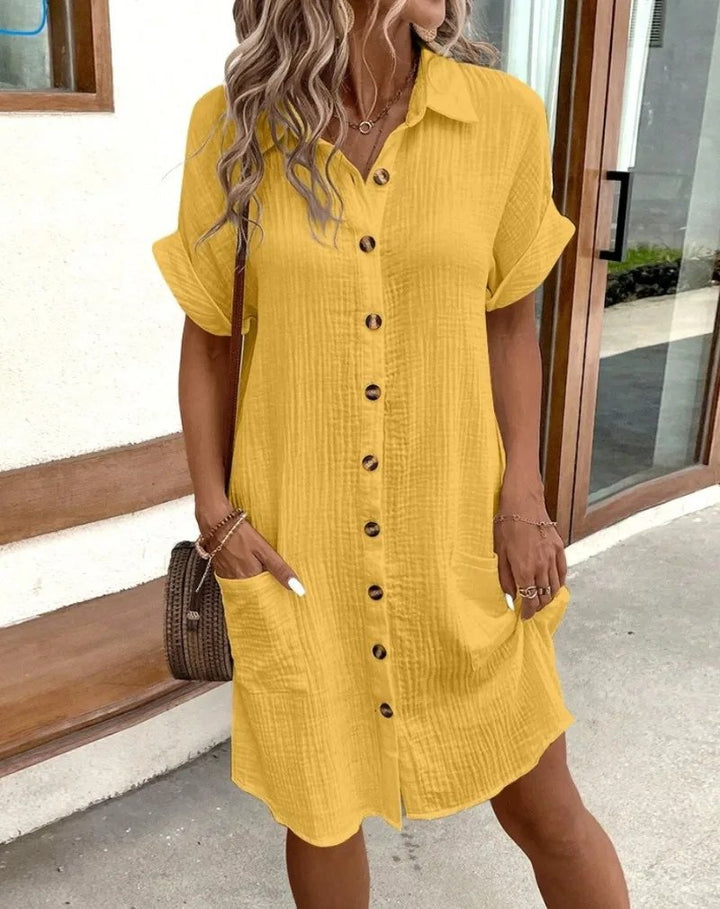 Elegantes Kleid aus Baumwollgaze für den Sommer in Gelb