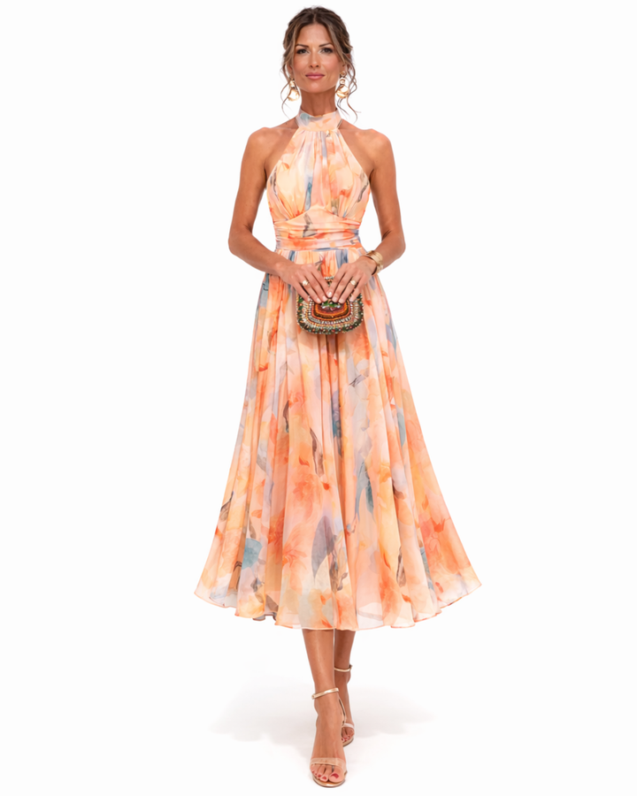 Elegantes Leinen Maxikleid mit Aquarelldruck