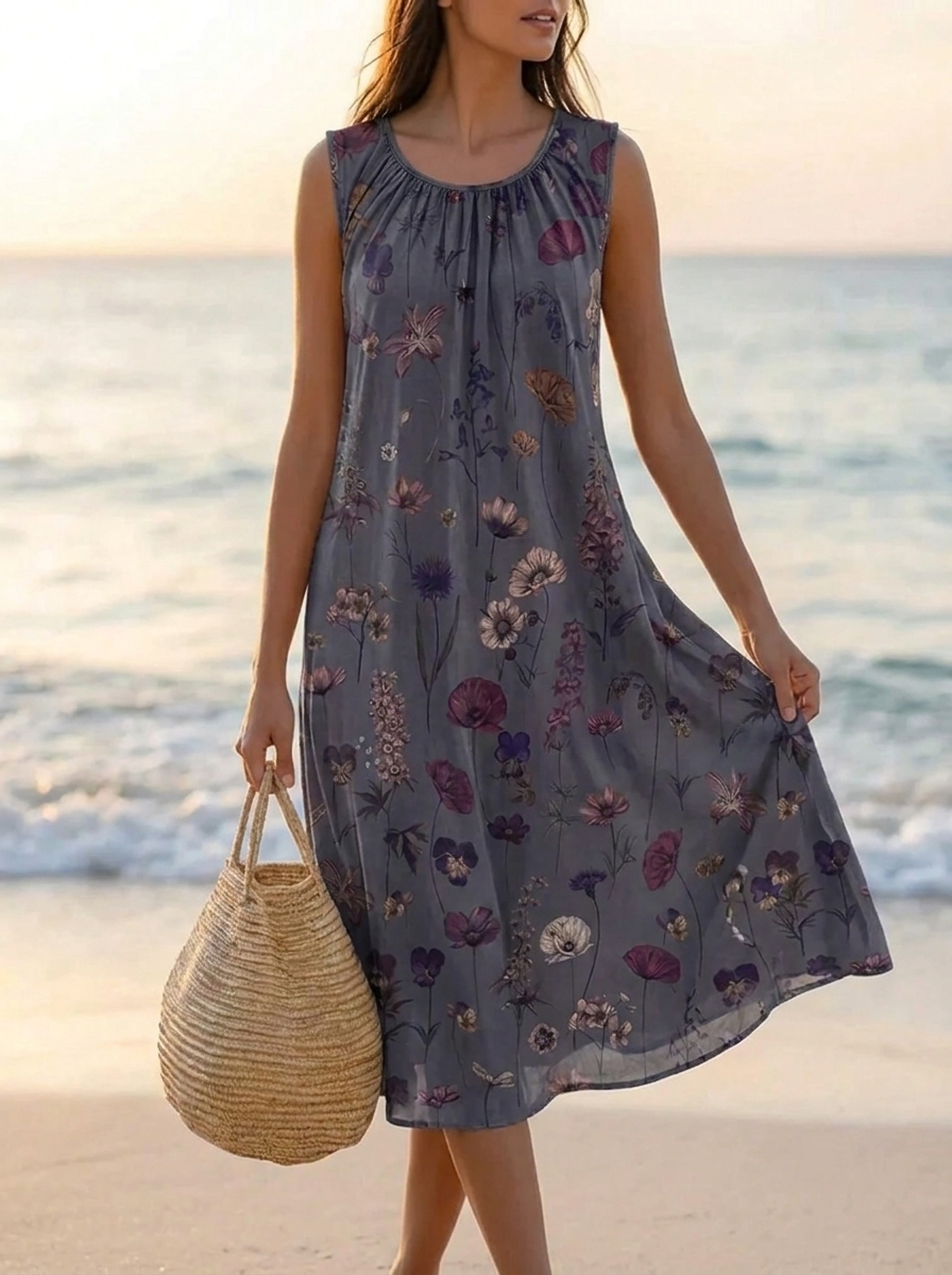 Elegantes Midi-Kleid mit verspieltem Blumendruck in Mehrfarbig