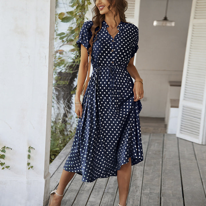 Elegantes Polka-Dot Sommer-Midikleid in Dunkelblau