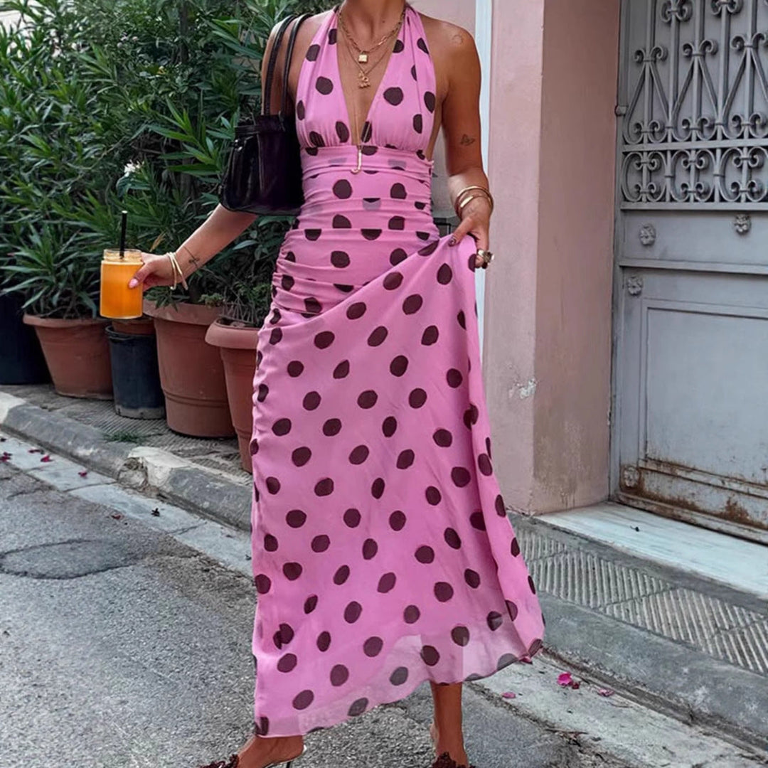 Elegantes Polka-Punkt Maxikleid in Magenta
