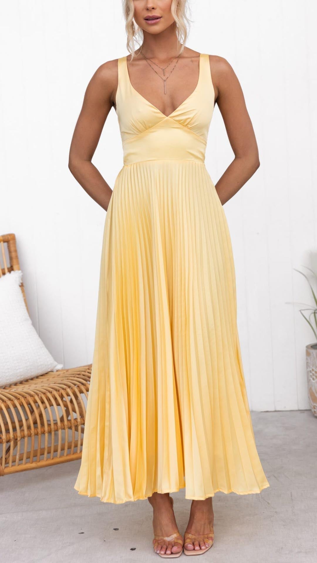 Festliches Damen Maxikleid in Gelb Plissiert (2)