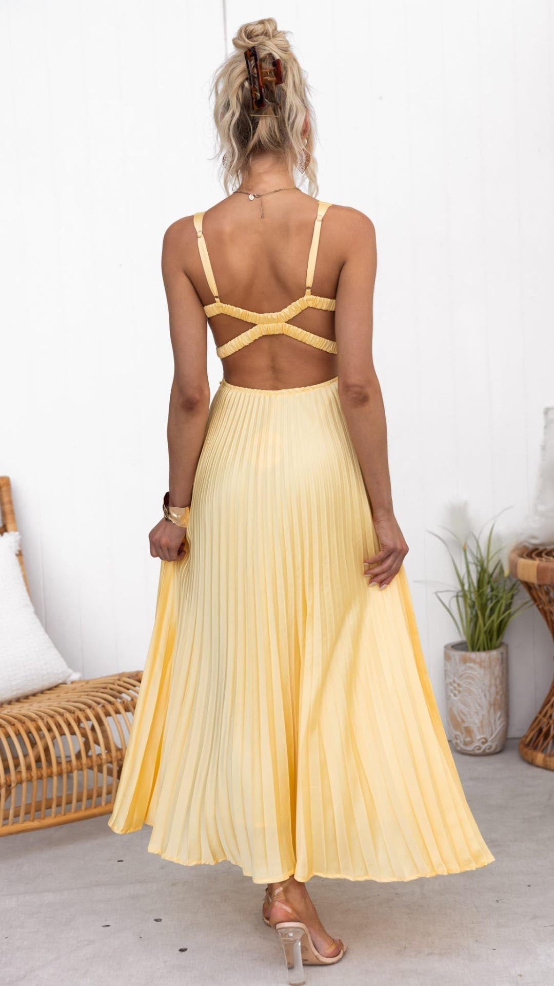 Festliches Damen Maxikleid in Gelb Plissiert (5)