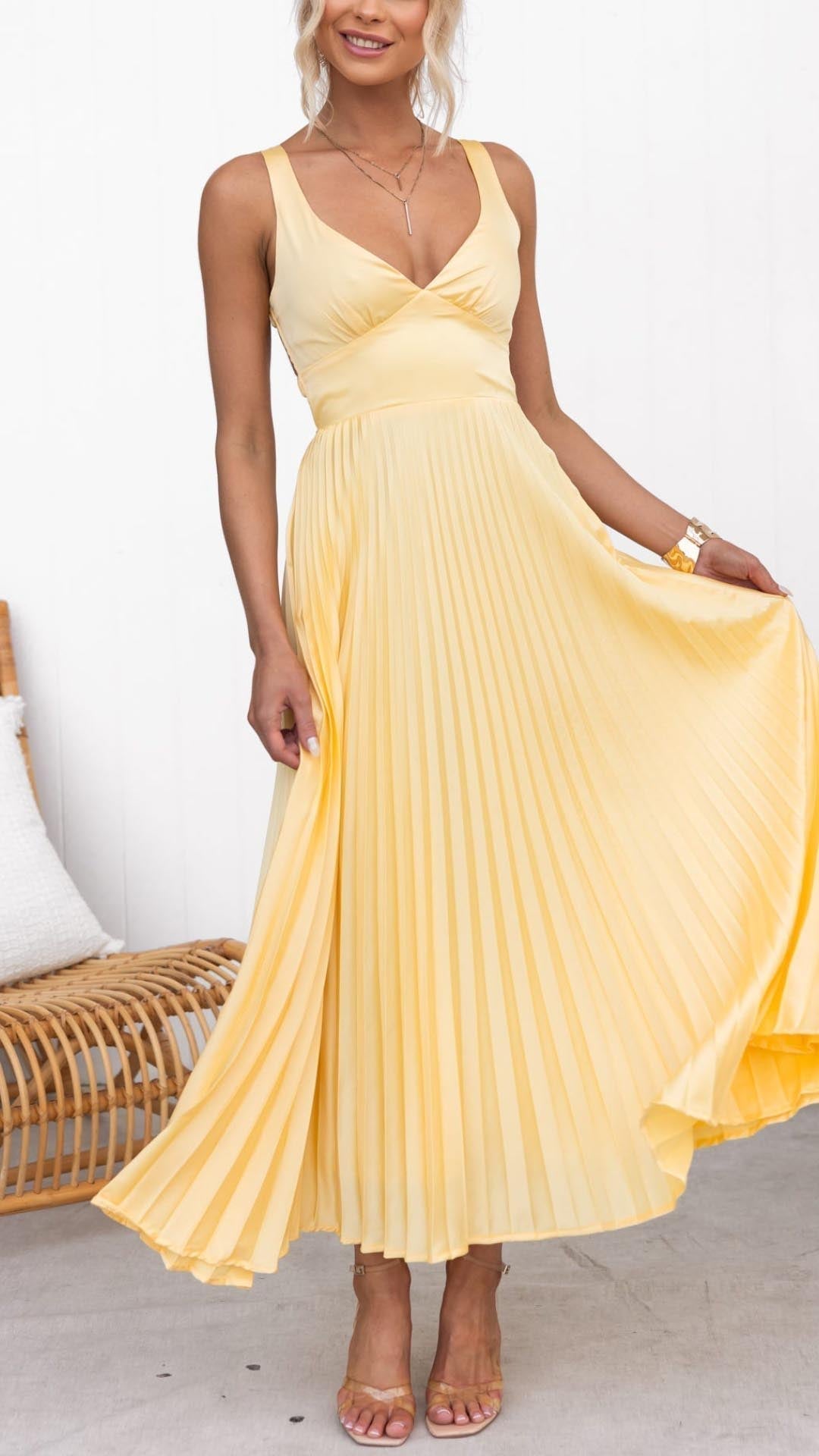 Festliches Damen Maxikleid in Gelb Plissiert in Gelb