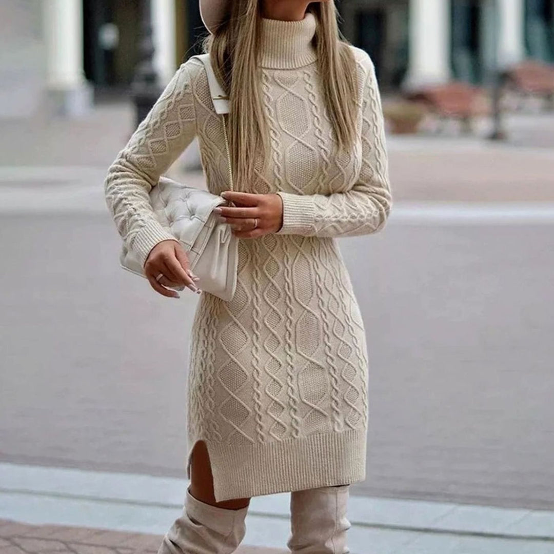 Festliches Damen Strickkleid Midi mit Rollkragen in Beige