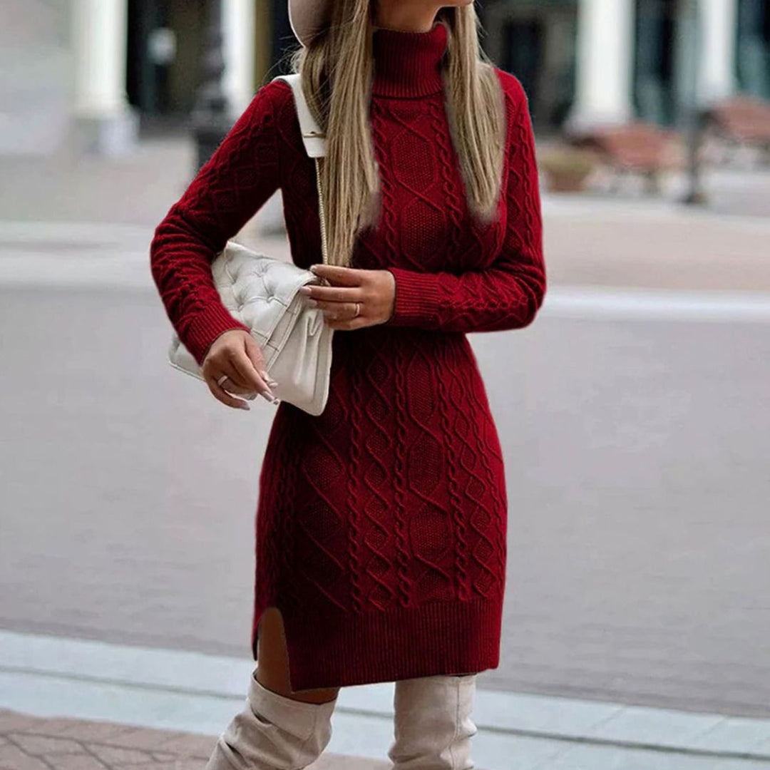 Festliches Damen Strickkleid Midi mit Rollkragen in Bordeaux