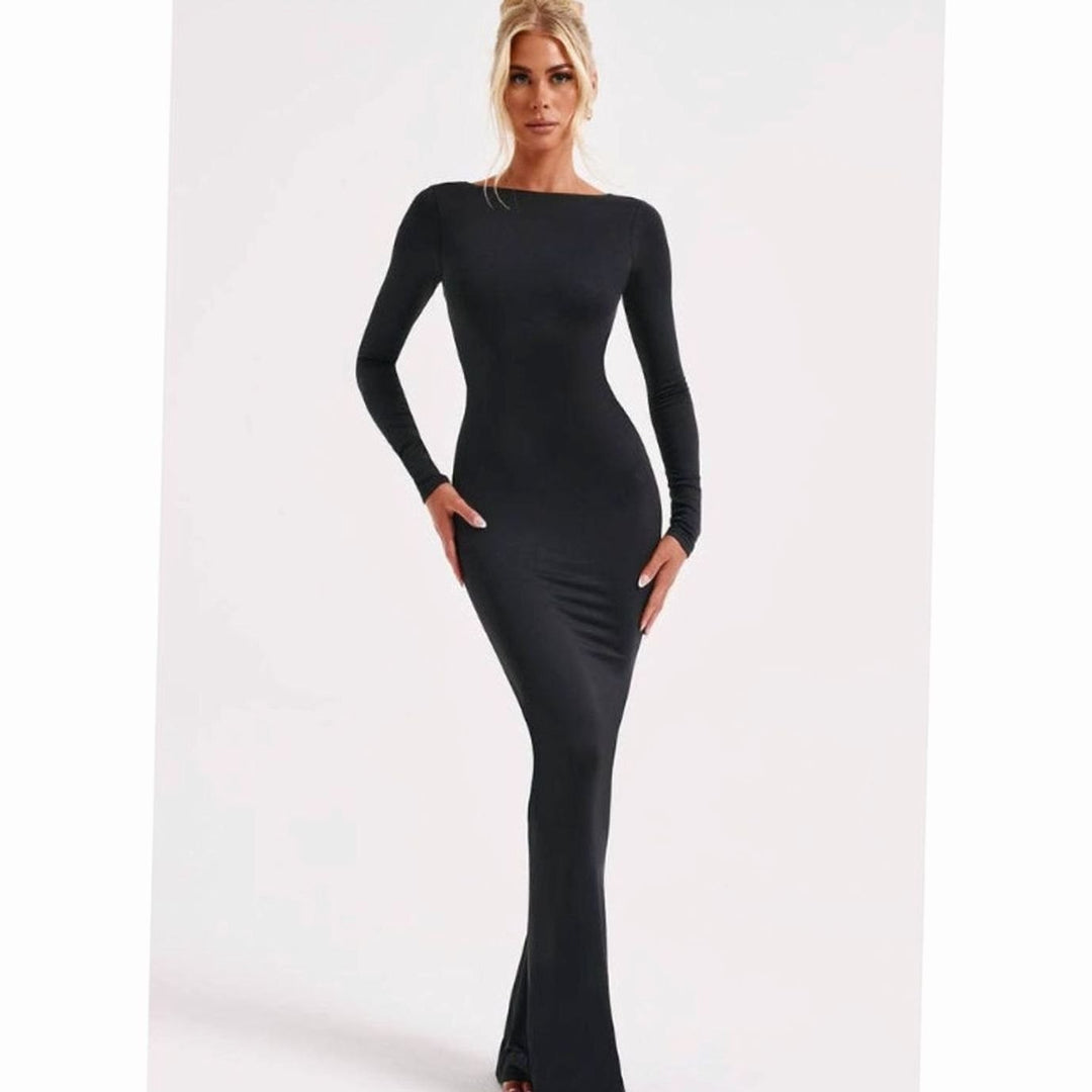 Festliches Hochzeitsgast-Kleid mit Langarm in Maxilänge in Schwarz