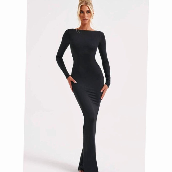 Festliches Hochzeitsgast-Kleid mit Langarm in Maxilänge in Schwarz