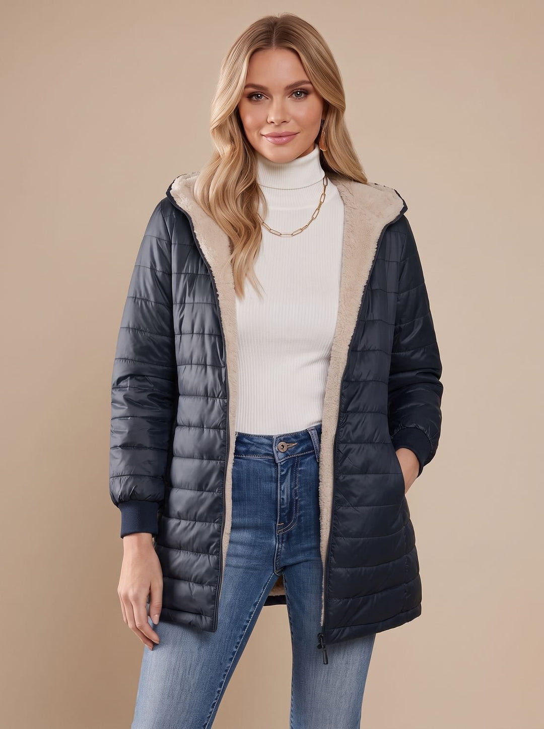 Gemütliche Damen Winterjacke mit Kapuze Oberschenkellang in Marineblau