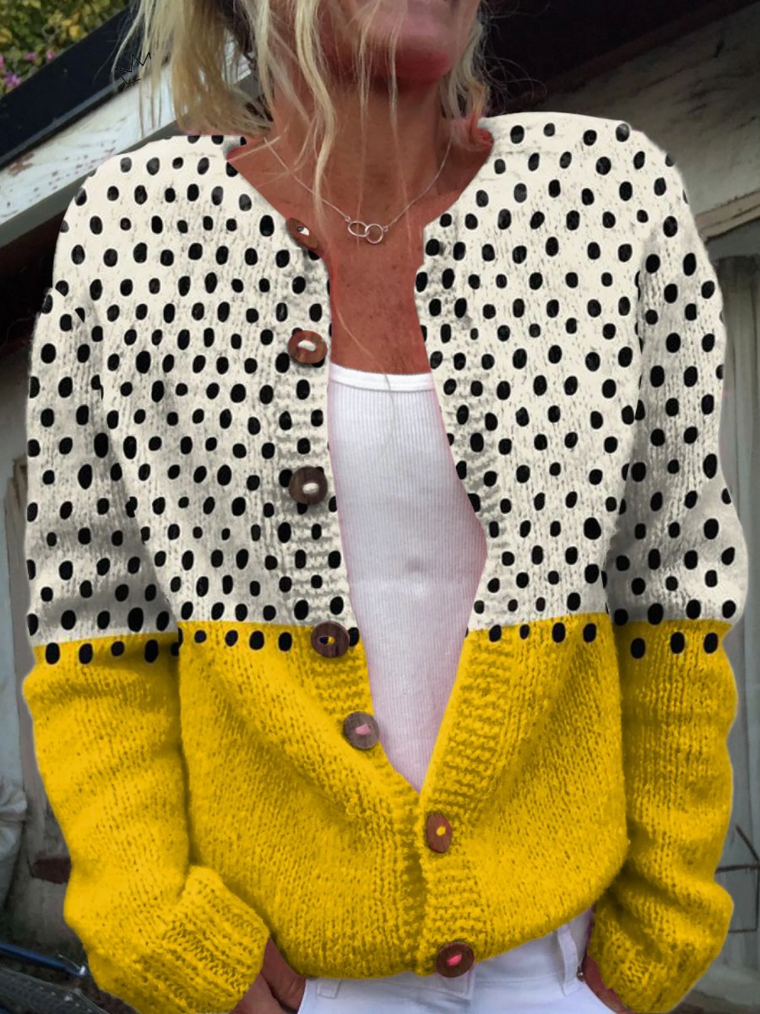 Geometrischer Polka-Dots-Druck | Geknöpfter Cardigan Pullover in Mehrfarbig