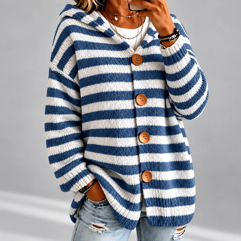Gestreifter Oversized Damen-Pullover mit Kapuze in Blau
