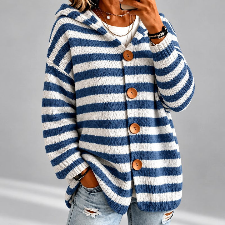 Gestreifter Oversized Damen-Pullover mit Kapuze in Blau