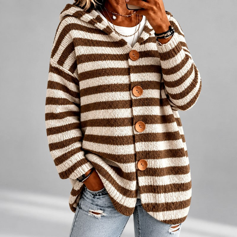 Gestreifter Oversized Damen-Pullover mit Kapuze in Braun