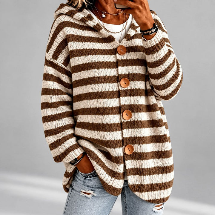 Gestreifter Oversized Damen-Pullover mit Kapuze in Braun