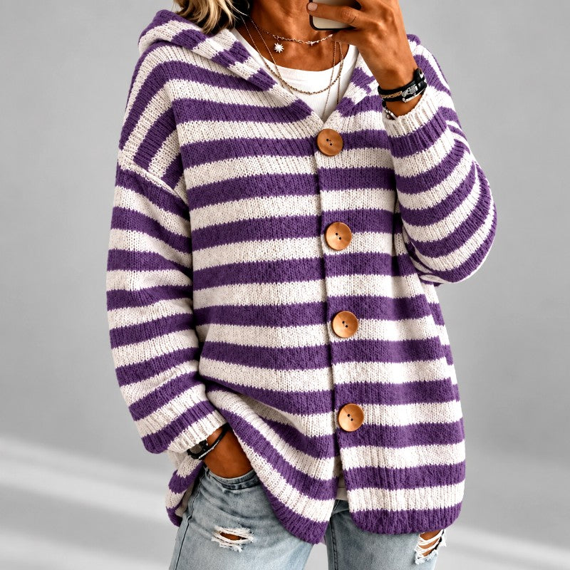 Gestreifter Oversized Damen-Pullover mit Kapuze in Lila