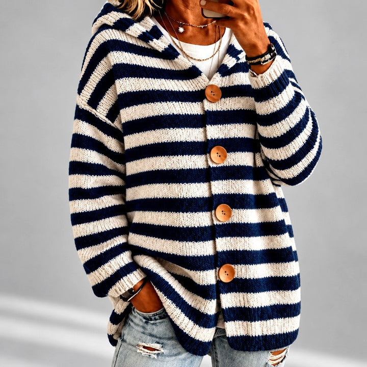 Gestreifter Oversized Damen-Pullover mit Kapuze in Marineblau