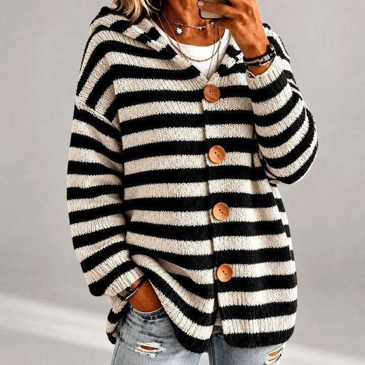Gestreifter Oversized Damen-Pullover mit Kapuze in Schwarz