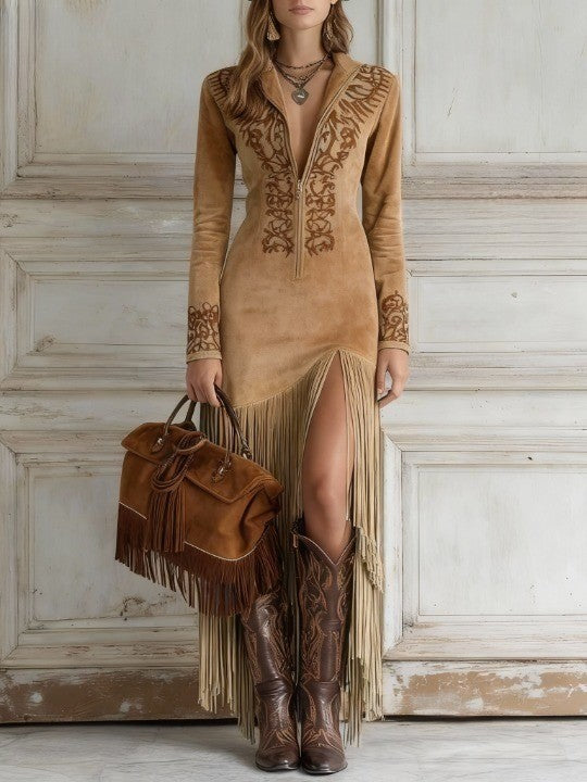 Herbst Maxikleid im Western-Stil in Hellbraun