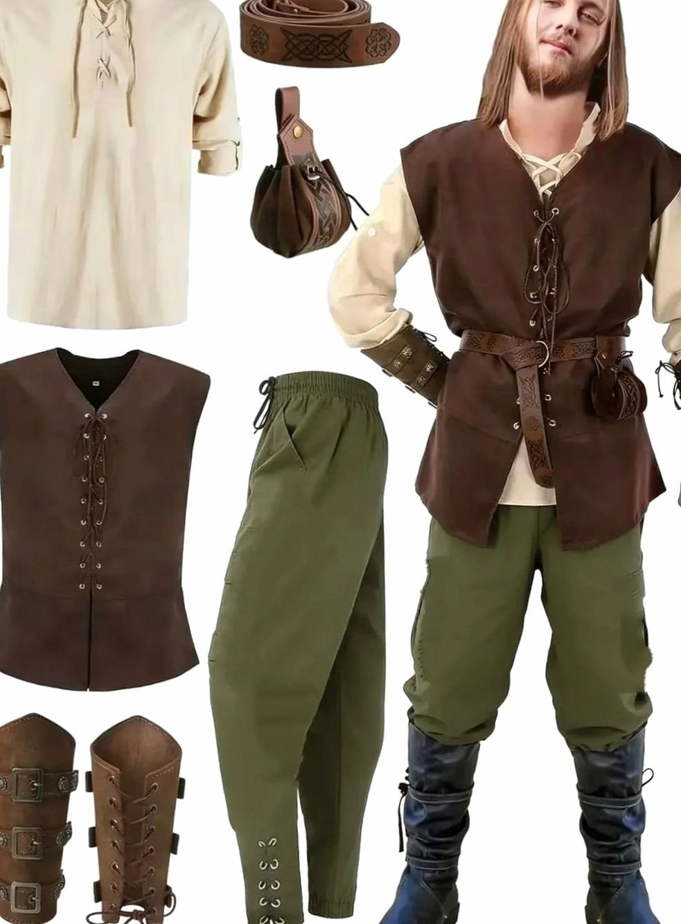 Herren Cargohose für Mittelalter-Kostüme in Beige-Grün
